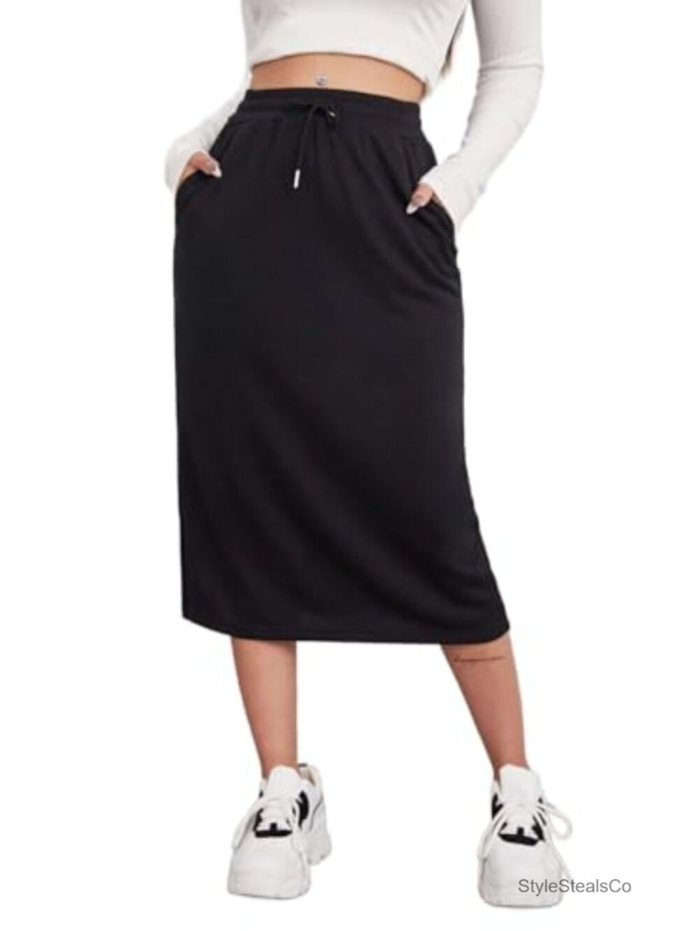 Women's Midi Skirt Drawstring High Waist Sweat Skirt with Pockets